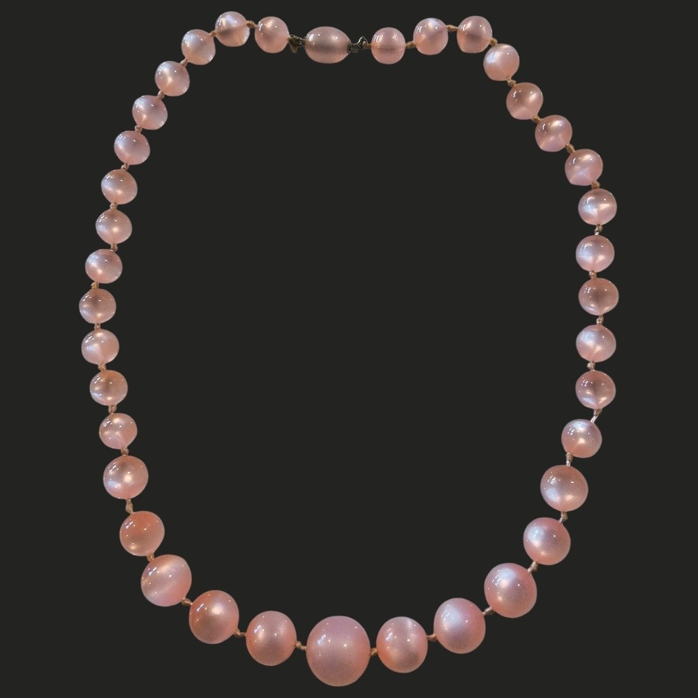 Vintage Blush Pink Moonglow‎ Lucite Bead Necklace Hand Knotted 18" Hidden Clasp